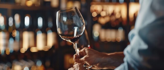 wine glass in a man's hand, with red wine bottles on the bar counter in the background