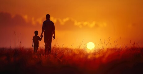 Fototapeta premium Holding hands with his son, a loving father walks alongside him.
