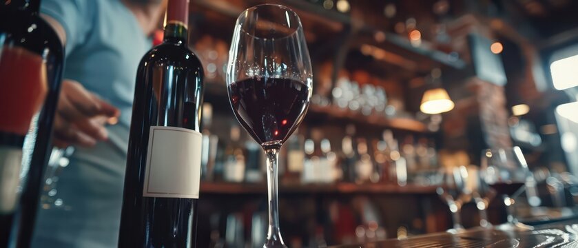 wine glass in a man's hand, with red wine bottles on the bar counter in the background