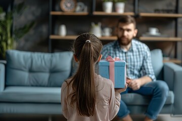 She holds a gift behind her back as she greets her dad on Father's Day
