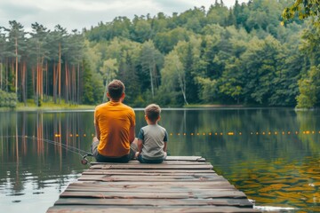 Fishing in a lake while seated on a pier with a father and son