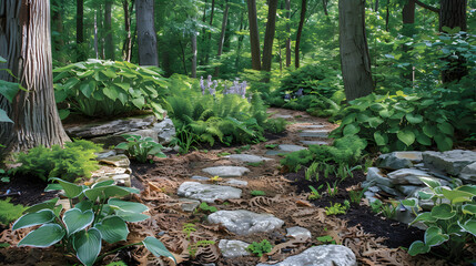 A woodland garden using shade-loving plants like ferns, hostas, and wildflowers, complemented by leaf paths and natural stones.