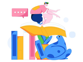 World Book Day Reading Character Flat Vector Concept Operation Hand Drawn Illustration
