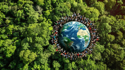 many people around the earth among the trees. The concept of nature conservation