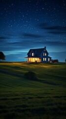 Fototapeta premium A farmhouse with lights on sits on a grassy hill under a starry night sky