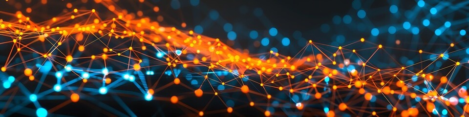 Dynamic technology background featuring orange and blue dots connected in a detailed plexus network