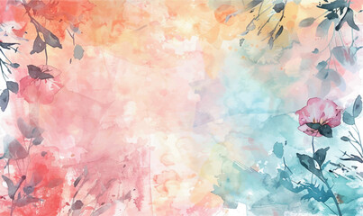 Abstract watercolor background with flowers, frame