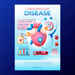 Gradient cardiovascular disease poster template with anatomical heart and medicines