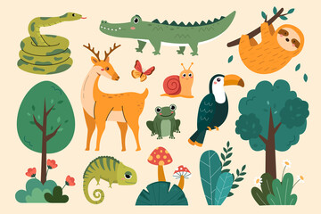 Jungle animals and plants in flat design © Macrovector