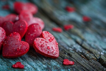 Obraz premium Heart candies on wood with droplets