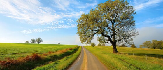 road through green fields with an oak tree on one side
