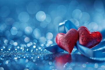Fototapeta premium Pair hearts blue ribbon