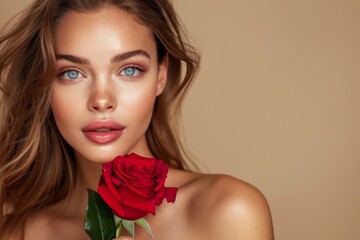 Female holding rose against brown backdrop
