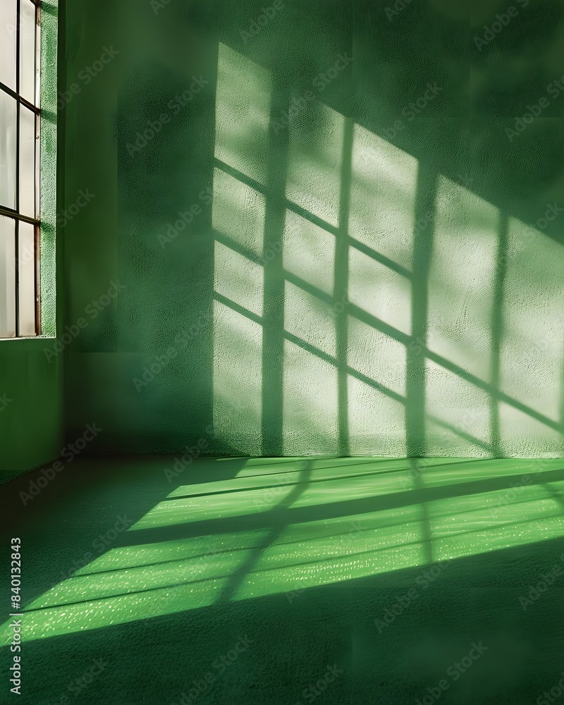 Aufkleber 3d render of empty green room with window shadow on the wall, minimalistic interior design mockup ba