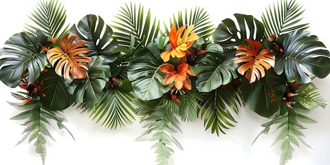 Naklejka premium Tropical foliage plant arrangement with Monstera and palm leaves on white background. Concept Tropical Plants, Foliage Arrangement, Monstera Leaves, Palm Leaves, White Background