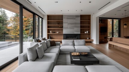 A sophisticated minimalist living room design with clean lines, a neutral color palette, and natural light flooding in through large windows.