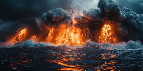 Fototapeta premium There is a volcanic eruption occurring in the middle of the ocean