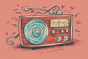  Cartoon cute doodles of an old-fashioned radio emitting waves of sound, Generative AI