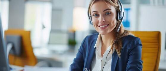 business customer services happy woman sitting in office with headset
