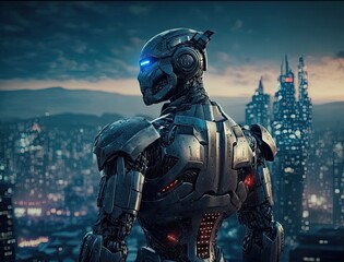 Robot is helpful, cyberpunk, kind of expanding brand, with background of technology and future city.