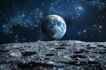 Night sky with a rare blue moon and twinkling stars