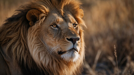 Fototapeta premium Male Lion with Lush Mane and Negative Space in the African Savanna