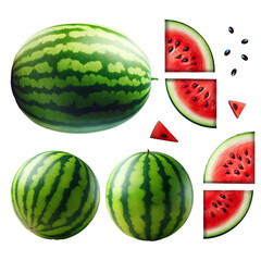 This photo shows different types of watermelon on a transparent background. It consists of a whole watermelon, sliced ​​​​slices, triangular pieces and seeds.