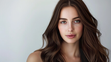 Naklejka premium Caucasian woman with long hair. Her features are elegant and serene, exuding a sense of confidence and beauty.