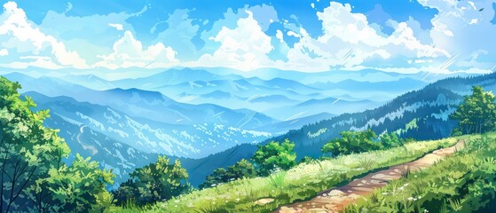 scenic Mountains, park lush forests, winding trails, watercolor 