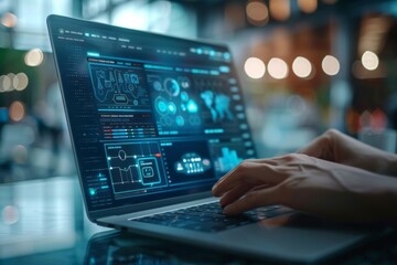 Person typing on laptop with futuristic screen