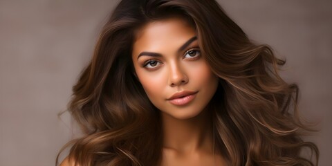 Fototapeta premium Healthy glowing model with smooth shiny hair and tan skin. Concept Healthy Skin, Shiny Hair, Glowing Complexion, Tanned Look