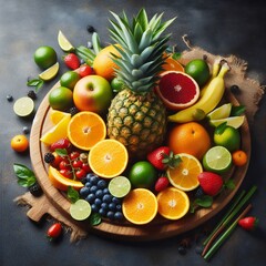 Vibrant Tropical Fruit Display with Pineapple, Oranges, Grapes, and Citrus, Perfect for Food, Nutrition, and Healthy Lifestyle-Themed Stock Photography