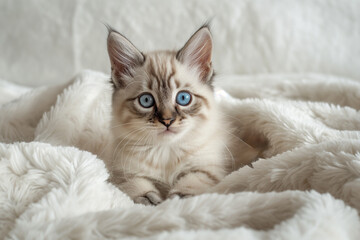 A Bengal kitten with striking blue eyes nestled in a fluffy white blanket, creating a serene and cozy atmosphere