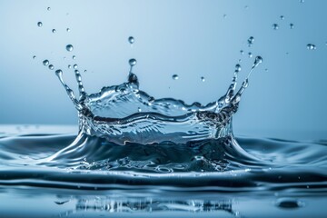 Water splash close-up on blue backdrop