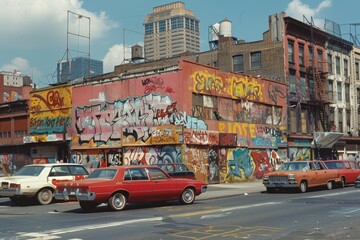 Obraz premium There are cars parked in front of a building with graffiti, under a cloudy sky