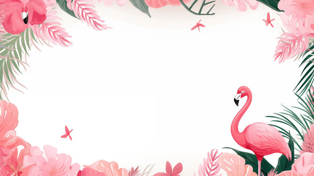 Cute cartoon flamingo frame border on background in vector style.