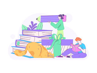 World Book Day Reading Character Flat Vector Concept Operation Hand Drawn Illustration
