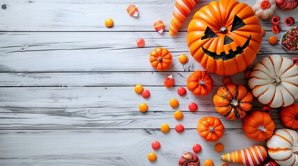Table top view aerial image of decoration Happy Halloween day background concept,pumpkin and sweet candy on white wooden.Space for creative design.