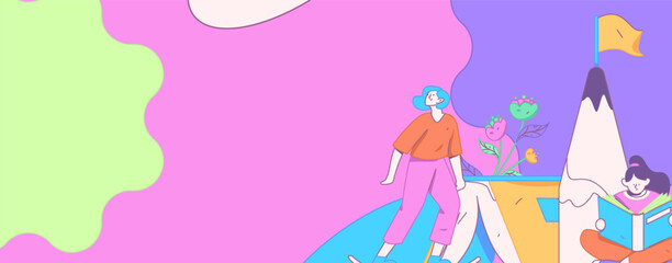 World Book Day Reading Character Flat Vector Concept Operation Hand Drawn Illustration
