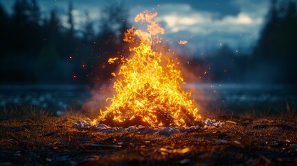 Fototapeta premium Campfire in the Wild. A vivid depiction of a campfire set in a remote wilderness setting, evoking a sense of adventure and connection with nature.