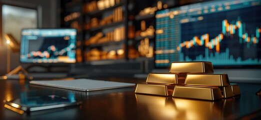 Investing in gold concept. Gold bars on a desk with charts showing gold trading trends on displays in the background