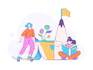 World Book Day Reading Character Flat Vector Concept Operation Hand Drawn Illustration
