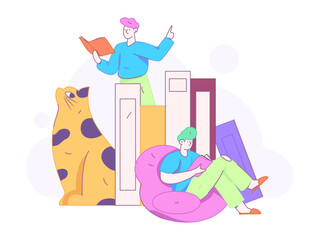 World Book Day Reading Character Flat Vector Concept Operation Hand Drawn Illustration
