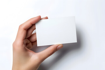  Business card mockup in woman's hand. Blank calling card template isolated on white background