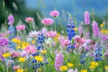 Vivid flowers in grass with yellow and pink blooms