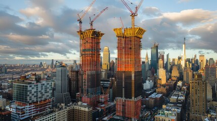 Concept image of city building construction sites development and tower cranes. Fit for business, property, and real estate related contents.