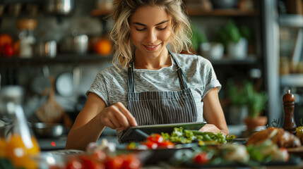 A blonde woman in an apron smiles while she looks at her tablet screen, cooking vegetables on the stove and preparing food for dinner inside of a kitchen
