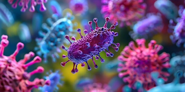Closeup photograph of virus and bacteria under violet blue and yellow light. Concept Closeup Photography, Virus and Bacteria, Violet Blue Lighting, Yellow Lighting