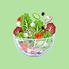 Healthy salad illustration. Salad with red and green lettuce and mixed vegetables