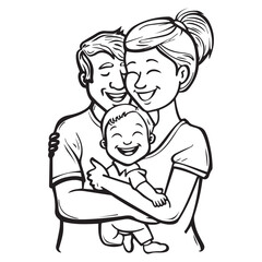 Black line art design of an family, vector illustration for coloring book pages on white background
